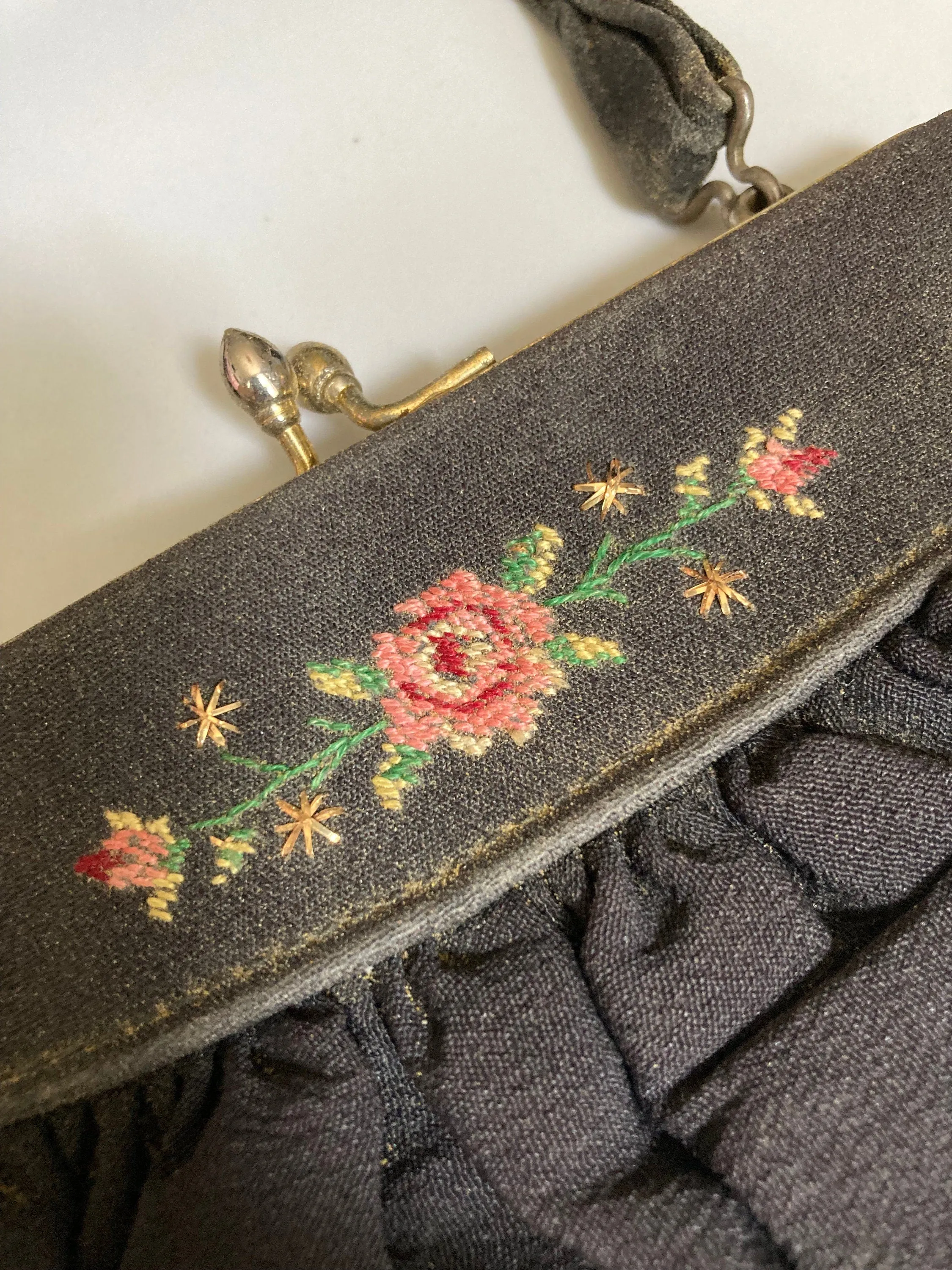 Vintage black crepe Evening Bag Purse with floral petit point embroidery mid century