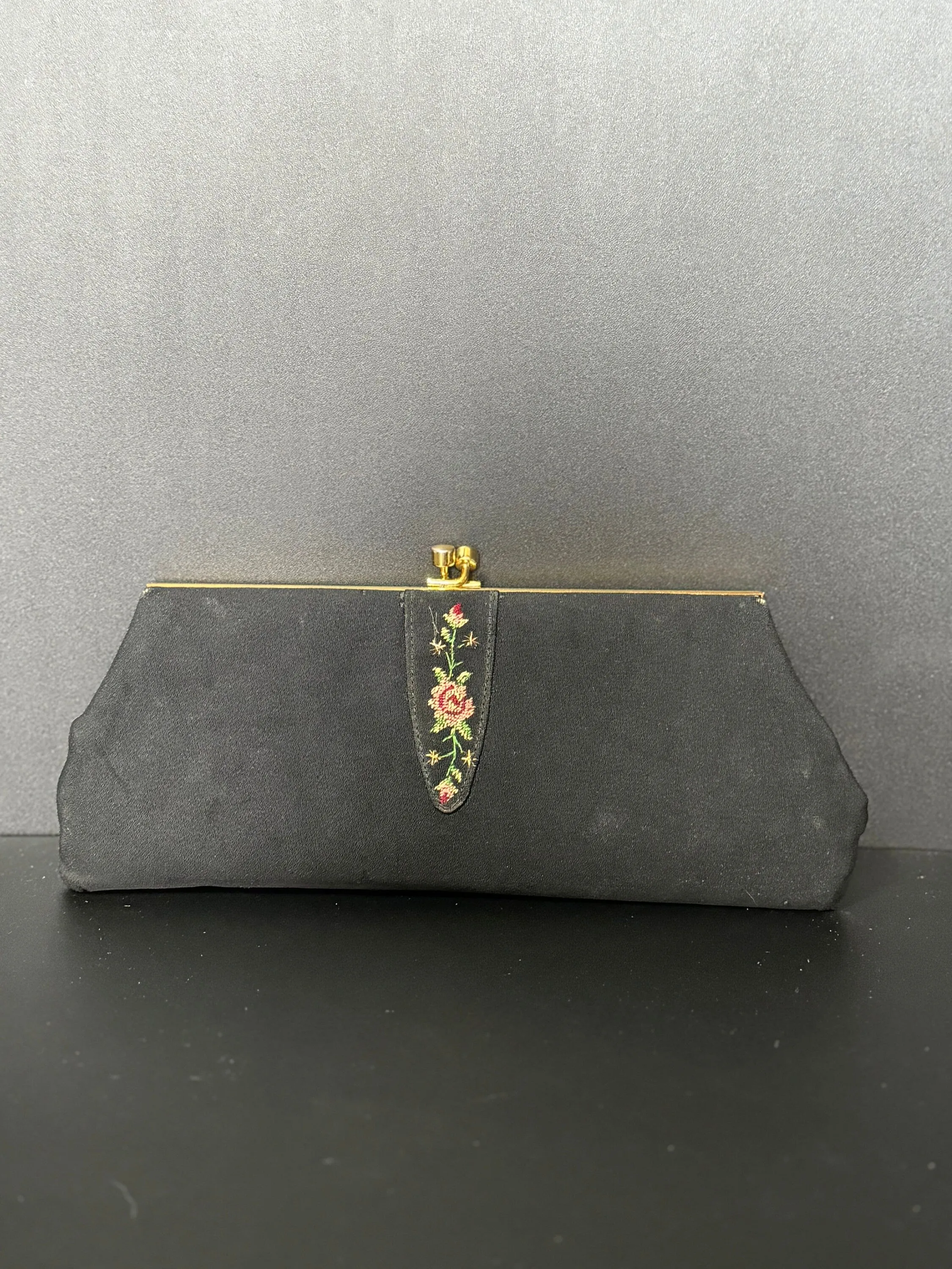 Vintage black crepe Evening Bag Purse with floral petit point embroidery mid century