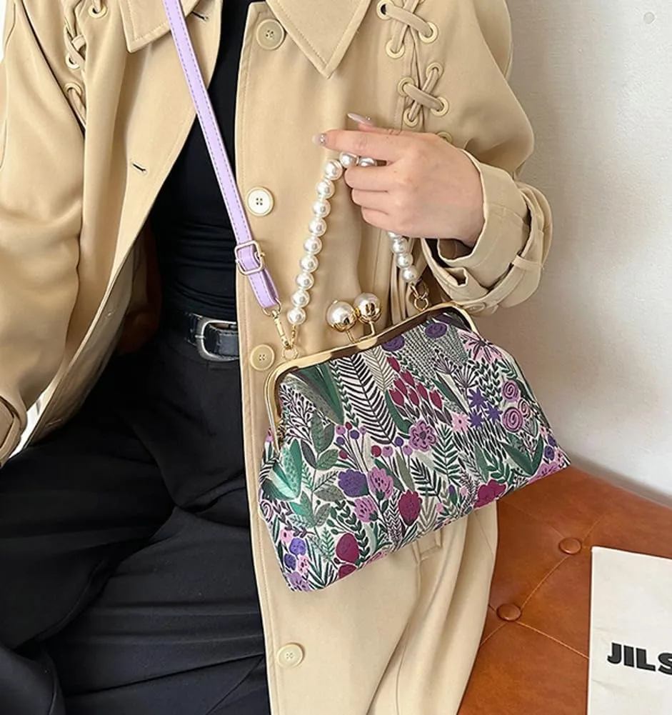 Vintage Embroidered Flower Handbag Retro Pearl Chain Crossbody Bag Clutch Kiss Lock Top Handle Shoulder Purse Wallet 2025