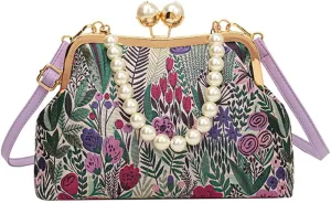 Vintage Embroidered Flower Handbag Retro Pearl Chain Crossbody Bag Clutch Kiss Lock Top Handle Shoulder Purse Wallet 2025