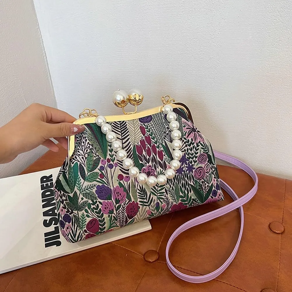Vintage Embroidered Flower Handbag Retro Pearl Chain Crossbody Bag Clutch Kiss Lock Top Handle Shoulder Purse Wallet 2025