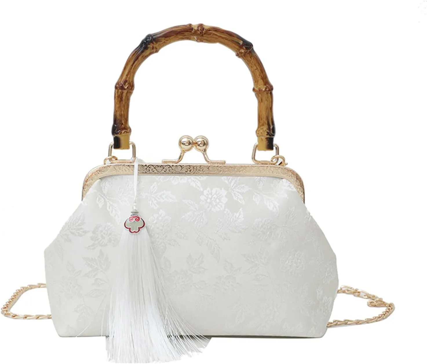 Vintage Embroidered Flower Handbag, Retro Pearl Chain, Flower Embroidery Rustic Shoulder Bag Kiss Lock Closure Bag for Women