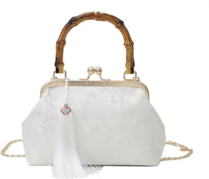 Vintage Embroidered Flower Handbag, Retro Pearl Chain, Flower Embroidery Rustic Shoulder Bag Kiss Lock Closure Bag for Women