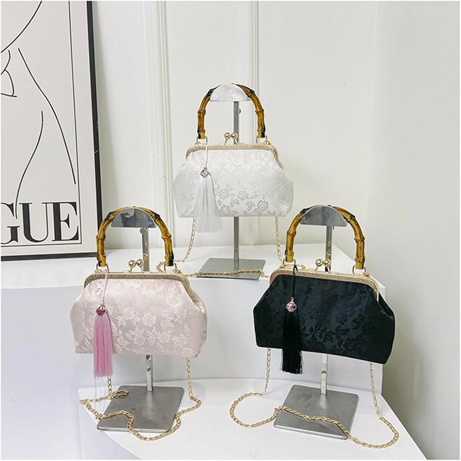 Vintage Embroidered Flower Handbag, Retro Pearl Chain, Flower Embroidery Rustic Shoulder Bag Kiss Lock Closure Bag for Women