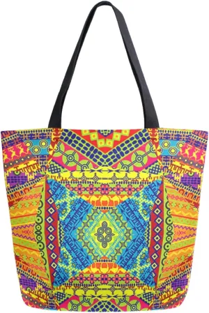 Vintage Ethnic African Pattern Extra Large Canvas Beach Travel Reusable Grocery Shopping Tote Bag Market Portable Storage HandBags