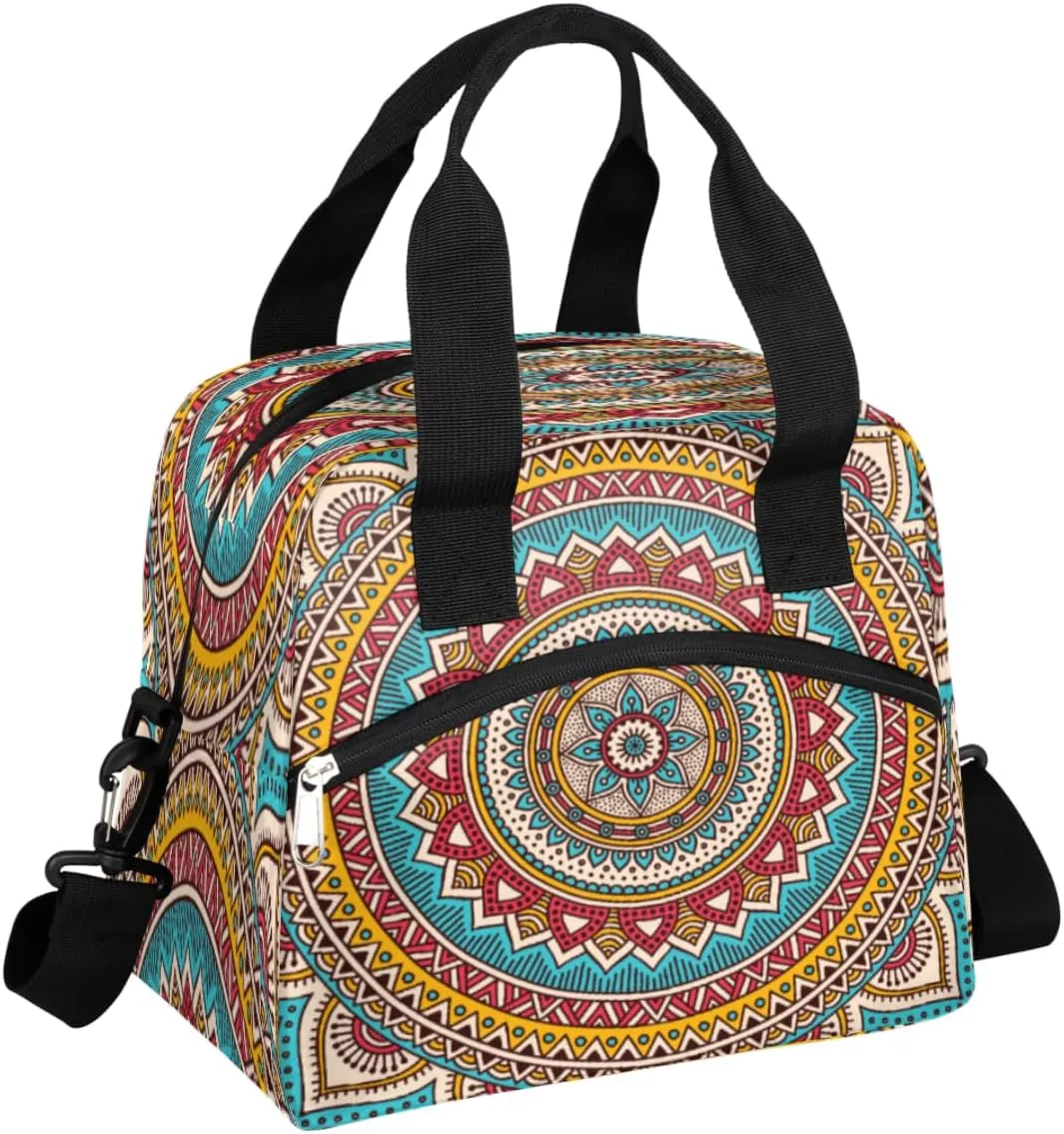 Vintage Ethnic Aztec Pictures Tote Lunch Bag, Reusable Leakproof Insulated Cooler Bag, Adjustable Shoulder Straps Water-resistant Lunch Box for Picnic Beach Hiking Work