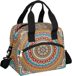 Vintage Ethnic Aztec Pictures Tote Lunch Bag, Reusable Leakproof Insulated Cooler Bag, Adjustable Shoulder Straps Water-resistant Lunch Box for Picnic Beach Hiking Work