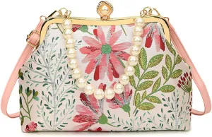 Vintage Floral Embroidery Handbag， Pearl Chain Crossbody Bag Kiss Lock Purse Evening Bag for Women
