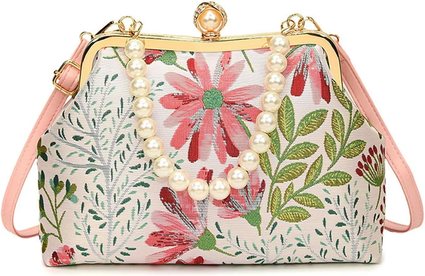 Vintage Floral Embroidery Handbag， Pearl Chain Crossbody Bag Kiss Lock Purse Evening Bag for Women