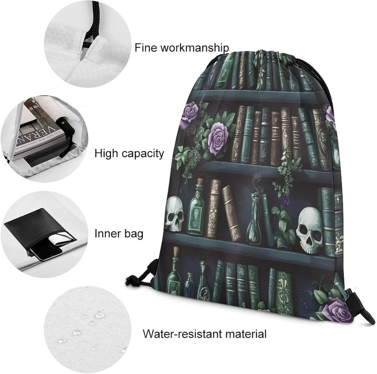 Vintage Mid Century Bookshelf Drawstring Bag Gym Bag,Casual Knapsack Drawstring Backpack