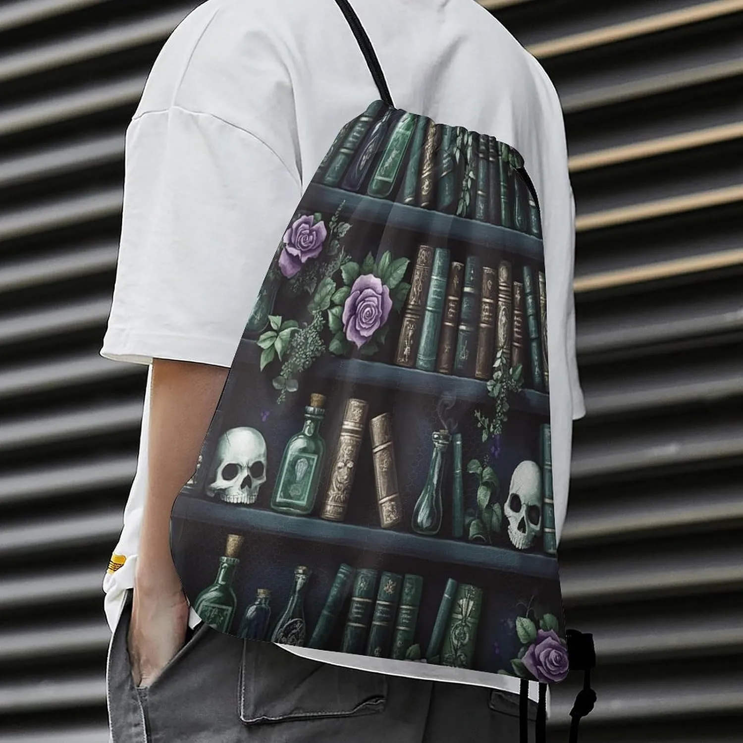 Vintage Mid Century Bookshelf Drawstring Bag Gym Bag,Casual Knapsack Drawstring Backpack