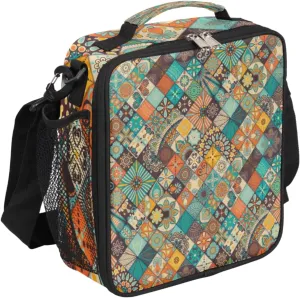 Vintage National Cultural Patterns Lunch Bag With Shoulder Strap and Mesh PocketsVintage Checkered Reusable Insulated Lunch box Cooler Bag for Women Men Office Outdoor Work Picnic