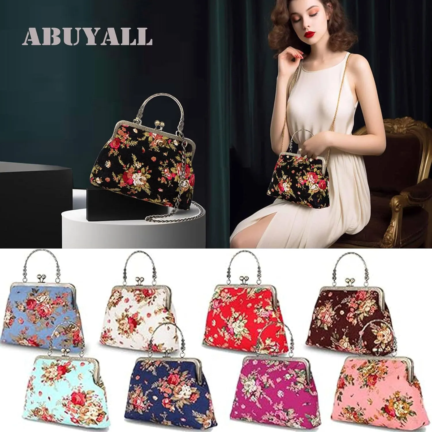 Vintage Purse Kiss Lock Purses and Handbags Floral Vacation Women Top Handle Handbag