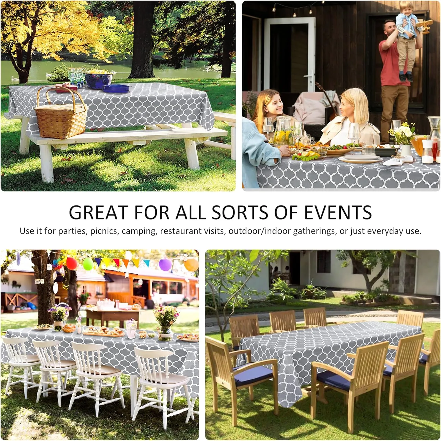 Vinyl Tablecloth with Flannel Backing-6 Pack Moroccan Grey 60x84 Inch Waterproof Rectangular Plastic Table Cloths-Wipeable Heavy Duty Oilcloth for Outdoor Picnic Party Camping Dining