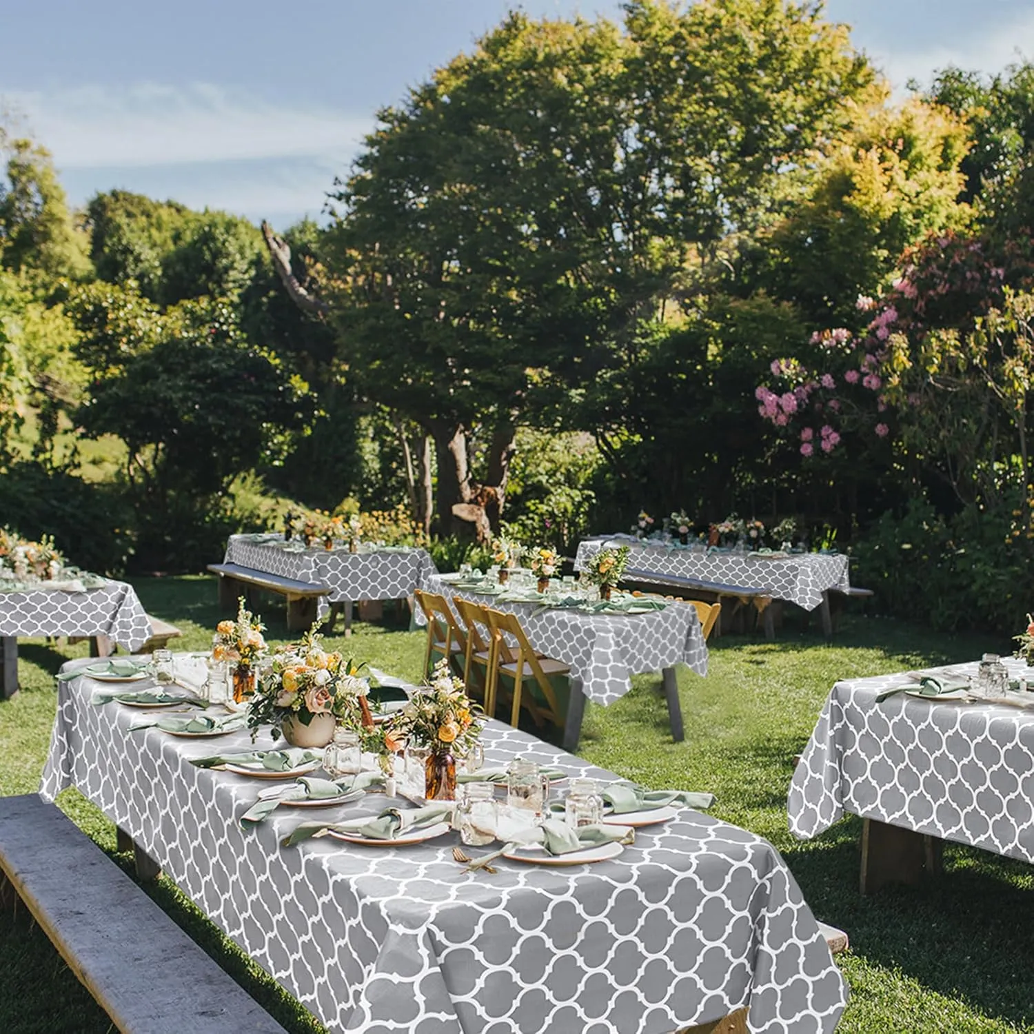 Vinyl Tablecloth with Flannel Backing-6 Pack Moroccan Grey 60x84 Inch Waterproof Rectangular Plastic Table Cloths-Wipeable Heavy Duty Oilcloth for Outdoor Picnic Party Camping Dining