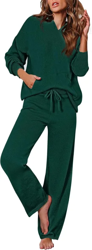 Viottiset Women's 2 Piece Outfits Sweater Set Long Sleeve Hoodies With Pocket Wide Leg Pants Lounge Sets Tracksuit