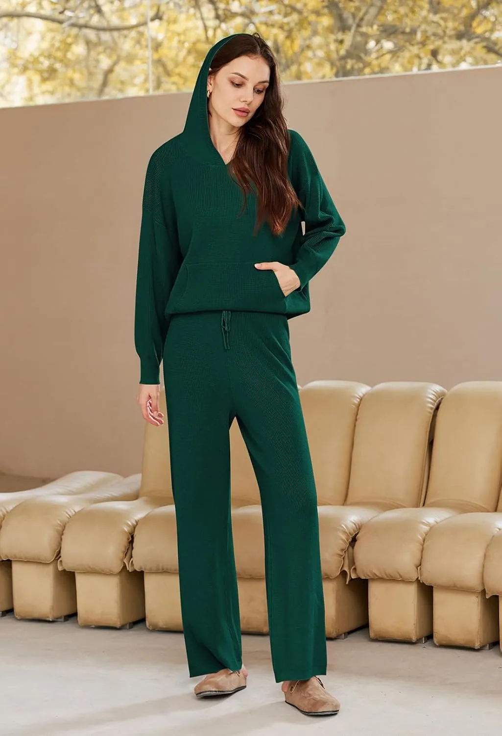 Viottiset Women's 2 Piece Outfits Sweater Set Long Sleeve Hoodies With Pocket Wide Leg Pants Lounge Sets Tracksuit