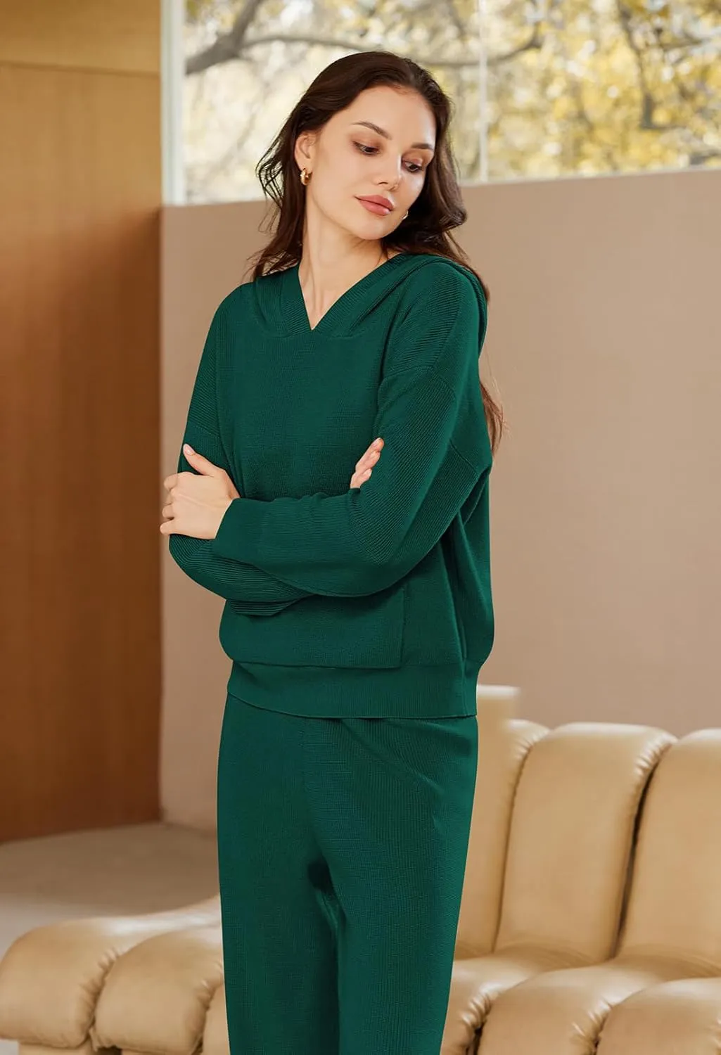 Viottiset Women's 2 Piece Outfits Sweater Set Long Sleeve Hoodies With Pocket Wide Leg Pants Lounge Sets Tracksuit