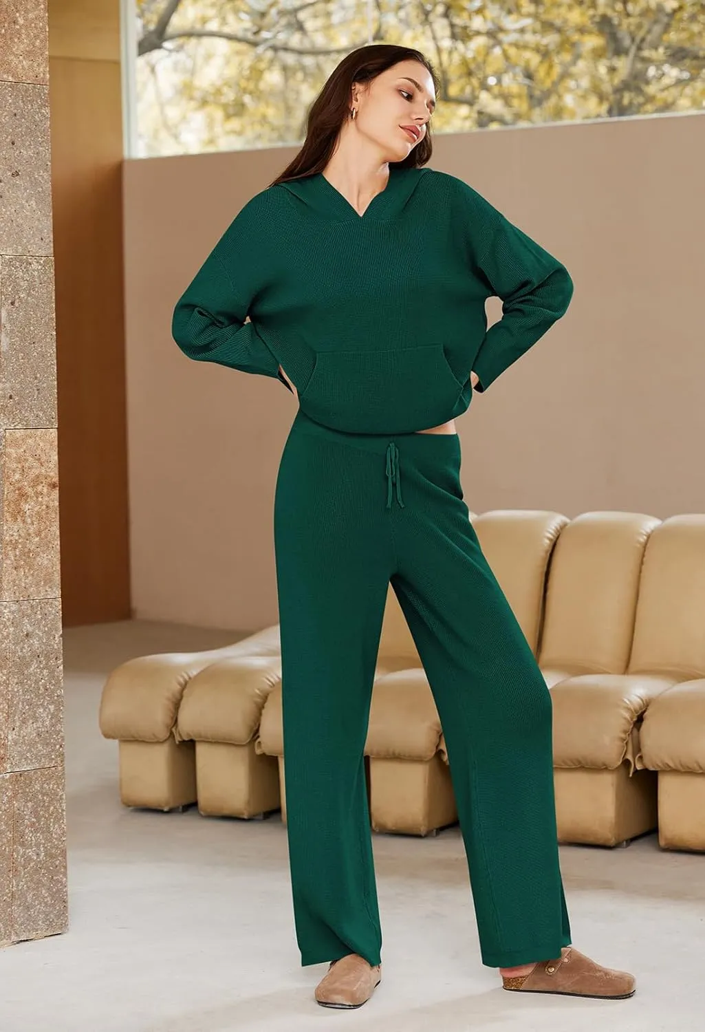 Viottiset Women's 2 Piece Outfits Sweater Set Long Sleeve Hoodies With Pocket Wide Leg Pants Lounge Sets Tracksuit