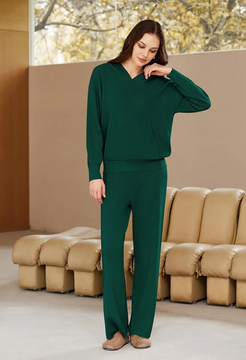 Viottiset Women's 2 Piece Outfits Sweater Set Long Sleeve Hoodies With Pocket Wide Leg Pants Lounge Sets Tracksuit