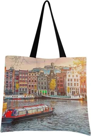 visesunny Women Extra Large Tote Bag Amsterdam Netherlands House River Shoulder Bags Ladies Beach Travel Reusable Grocery Shopping Portable Storage Handbag