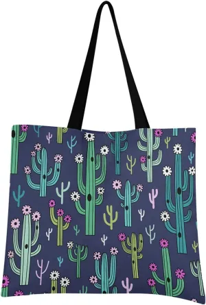 visesunny Women Extra Large Tote Bag Cute Blooming Cactus Shoulder Bags Ladies Beach Travel Reusable Grocery Shopping Portable Storage Handbag