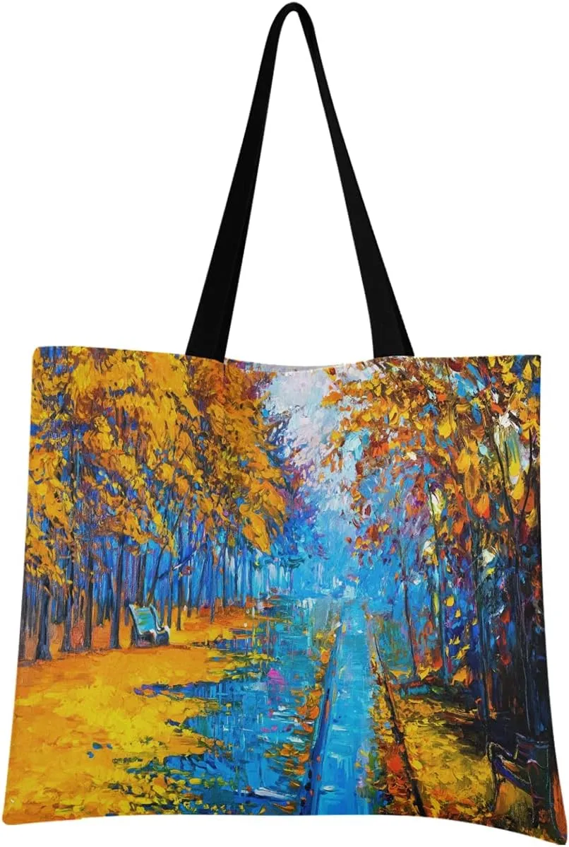 visesunny Women Extra Large Tote Bag Oil Painting Maple Forest Shoulder Bags Ladies Beach Travel Reusable Grocery Shopping Portable Storage Handbag