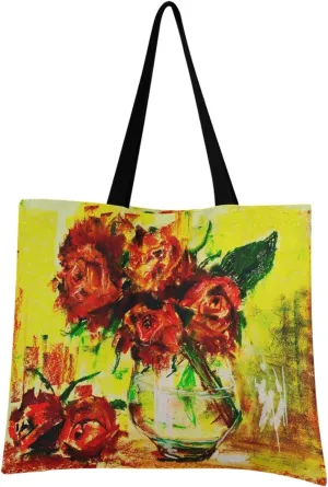 visesunny Women Extra Large Tote Bag Oil Painting Roses Vase Shoulder Bags Ladies Beach Travel Reusable Grocery Shopping Portable Storage Handbag