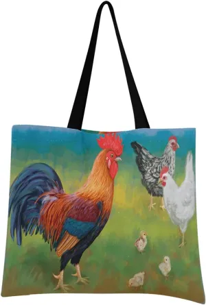 visesunny Women Extra Large Tote Bag Rooster With Chickens Shoulder Bags Ladies Beach Travel Reusable Grocery Shopping Portable Storage Handbag