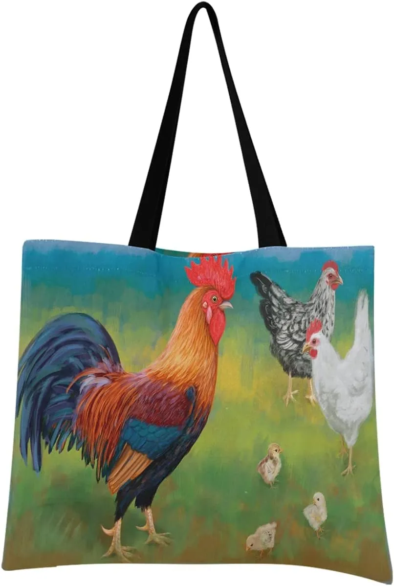 visesunny Women Extra Large Tote Bag Rooster With Chickens Shoulder Bags Ladies Beach Travel Reusable Grocery Shopping Portable Storage Handbag
