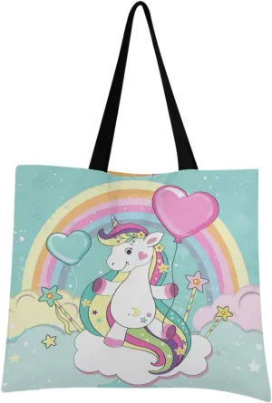 visesunny Women Extra Large Tote Bag Unicorn Flies With Heart Balloon Shoulder Bags Ladies Beach Travel Reusable Grocery Shopping Portable Storage Handbag