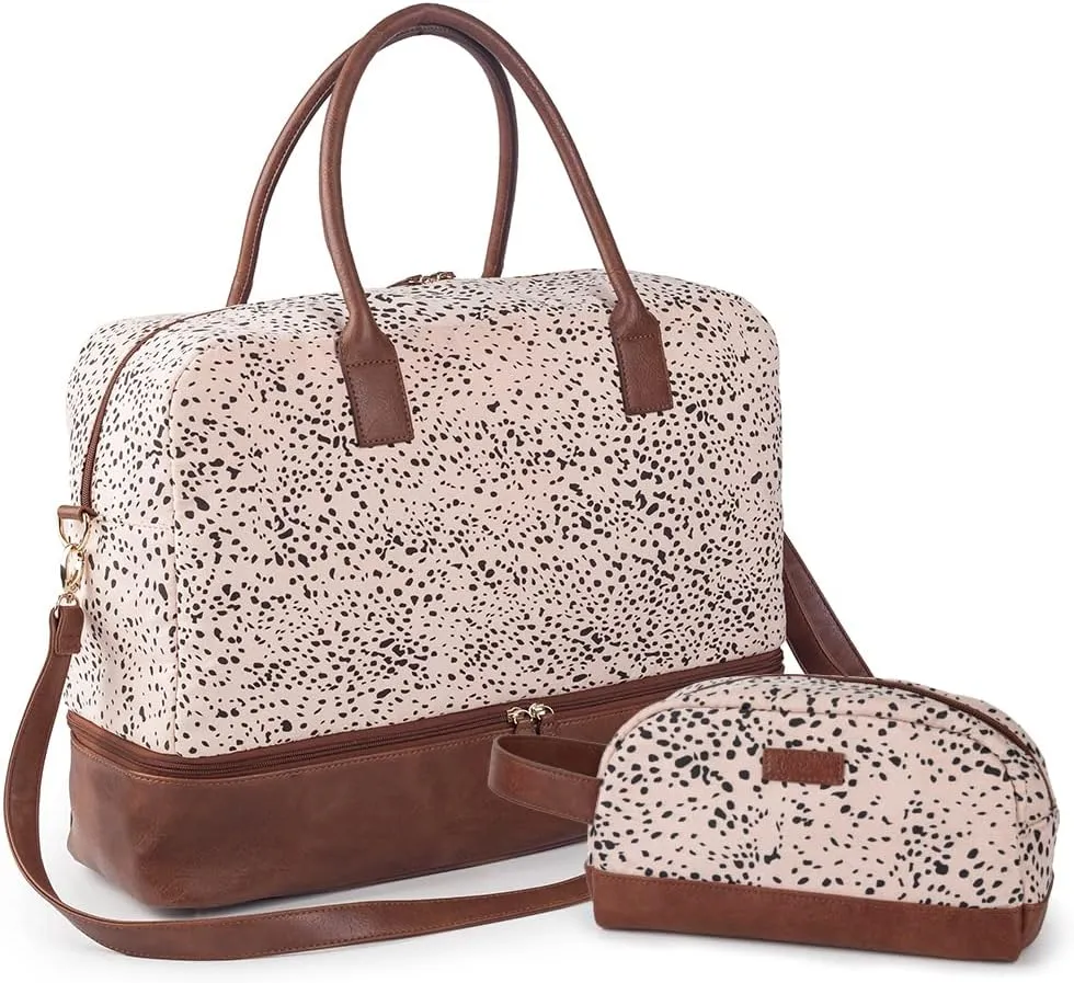 Viva Terry Canvas Weekender Bag, Overnight Travel Carry On Duffel Tote with Shoe Pouch (Cheetah Spot)