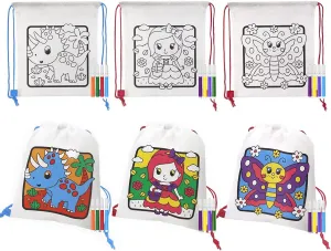 VKPI 6 Pieces Kids Coloring Drawstring Backpacks, Reusable Goodie Bags, Color Your Own Bags with 24 Fabric Markers for Painting Birthday Art Party Favors, Party Supplies Gift, Boys and Girls