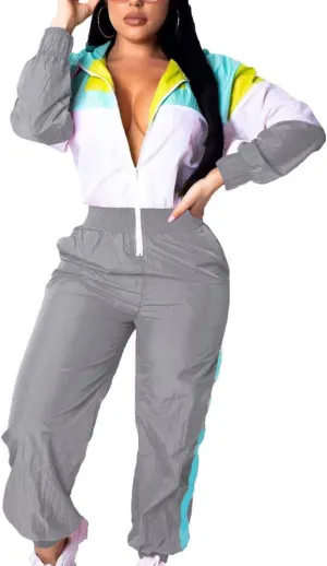 VOIKERDR Women Colorblock One Piece Outfits Set High Waist Pants Long Sleeve Zipper Front Windbreaker Jumpsuit