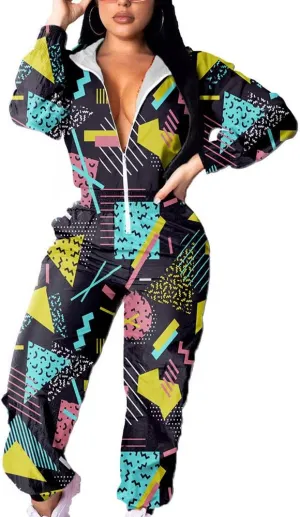 VOIKERDR Women Colorblock One Piece Outfits Set High Waist Pants Long Sleeve Zipper Front Windbreaker Jumpsuit