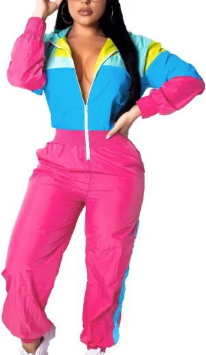 VOIKERDR Women Colorblock One Piece Outfits Set High Waist Pants Long Sleeve Zipper Front Windbreaker Jumpsuit