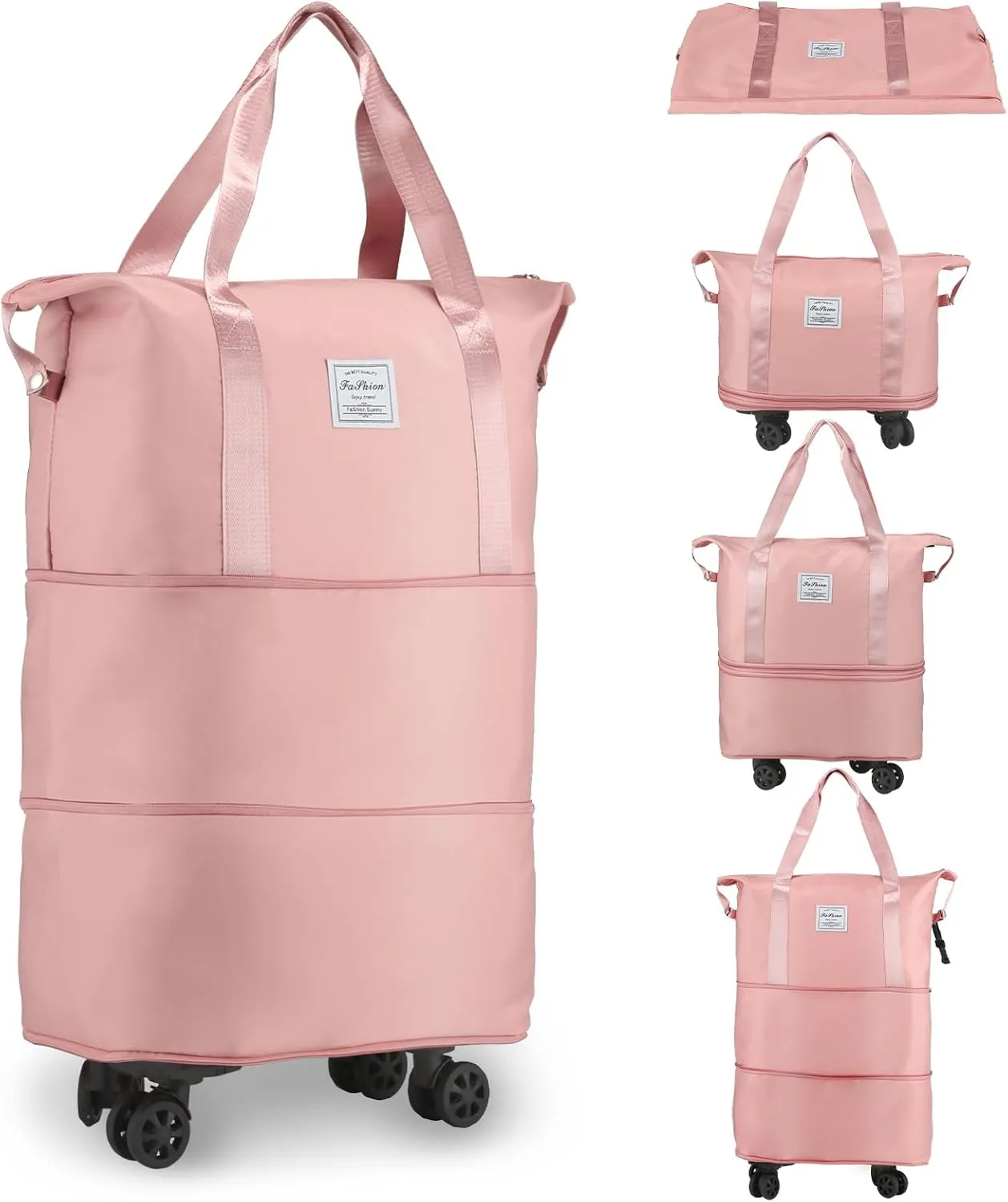 VOOWO Rolling Duffle Bag with Wheels, Expandable Foldable Duffle Bag for Travel, Rolling Under Seat Luggage Carry on Duffel Bags, Wheeled Travel Duffel Large Overnight Weekend Bags (Pink)