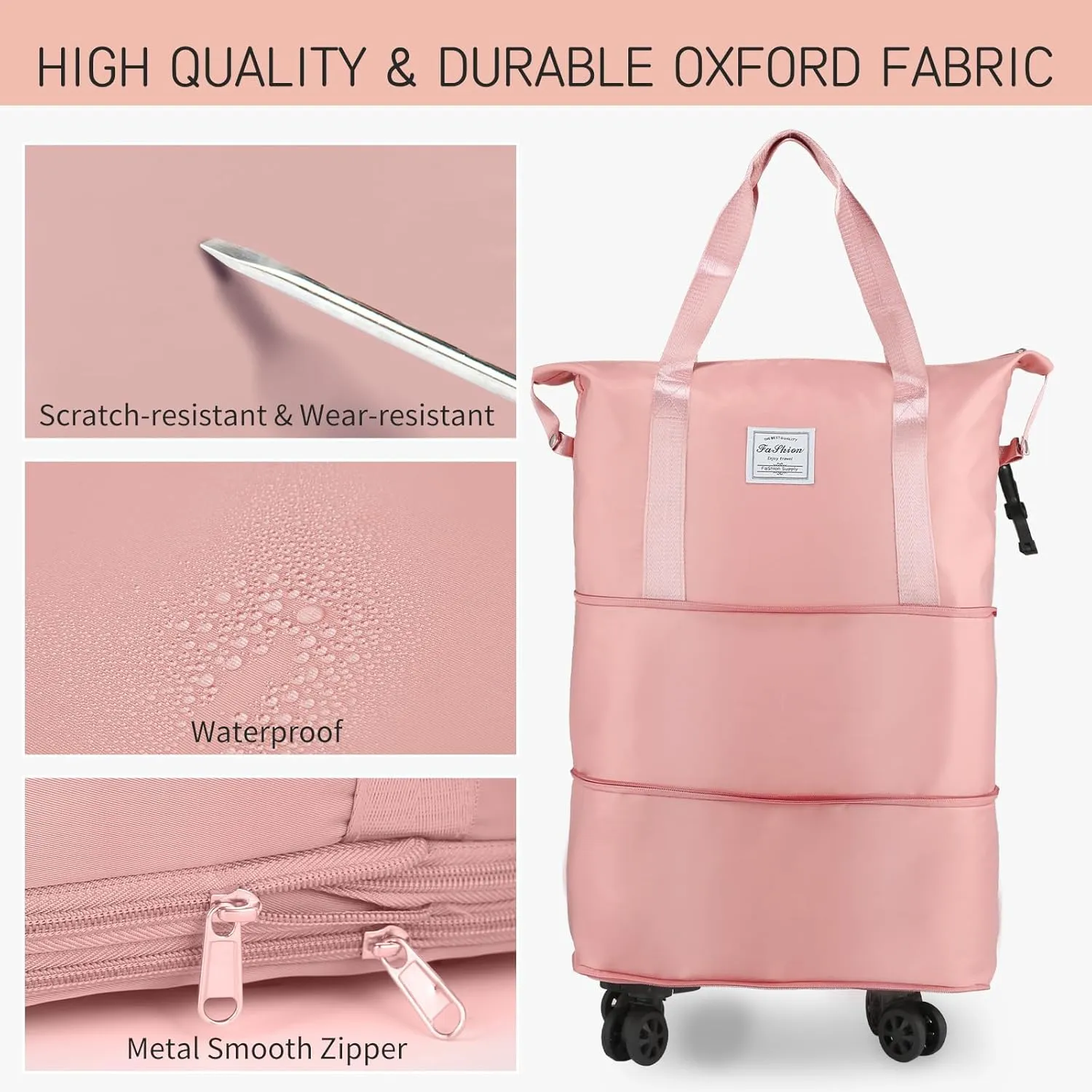 VOOWO Rolling Duffle Bag with Wheels, Expandable Foldable Duffle Bag for Travel, Rolling Under Seat Luggage Carry on Duffel Bags, Wheeled Travel Duffel Large Overnight Weekend Bags (Pink)