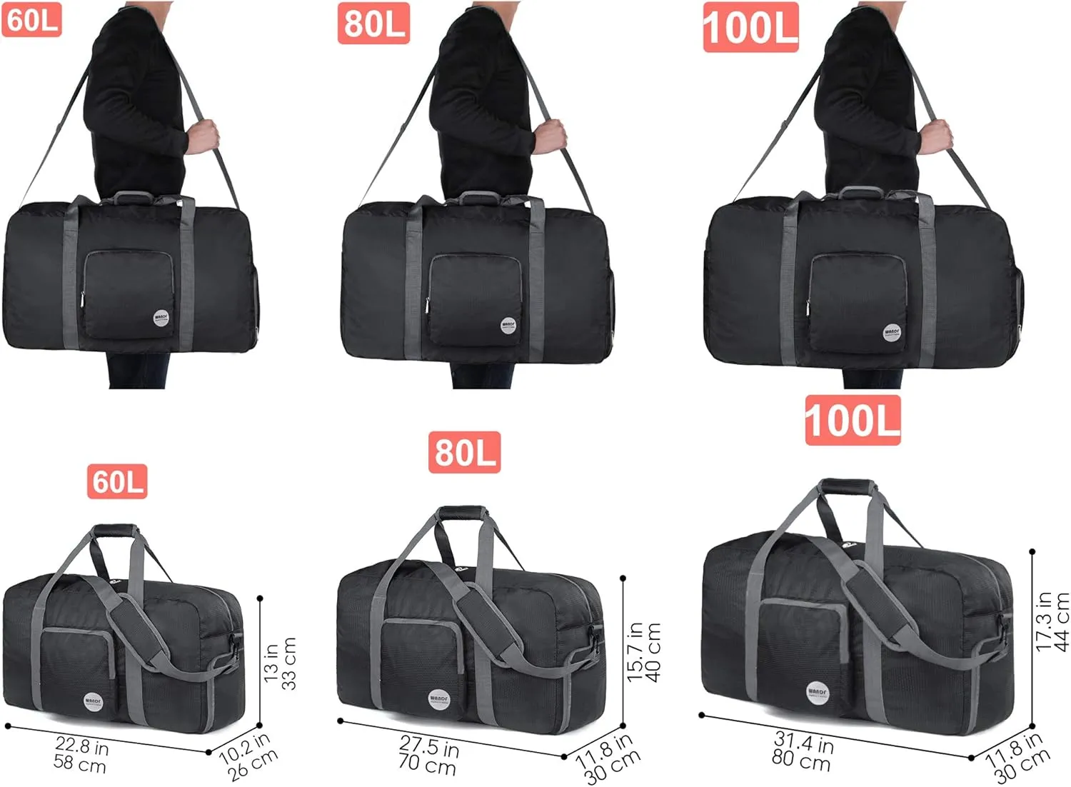 WANDF Foldable Travel Duffel Bag 60-120L Duffle Carry on for Women and Men