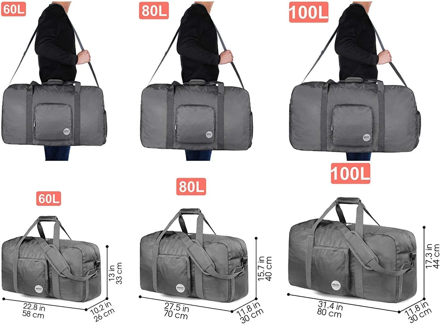 WANDF Foldable Travel Duffel Bag 60-120L Duffle Carry on for Women and Men