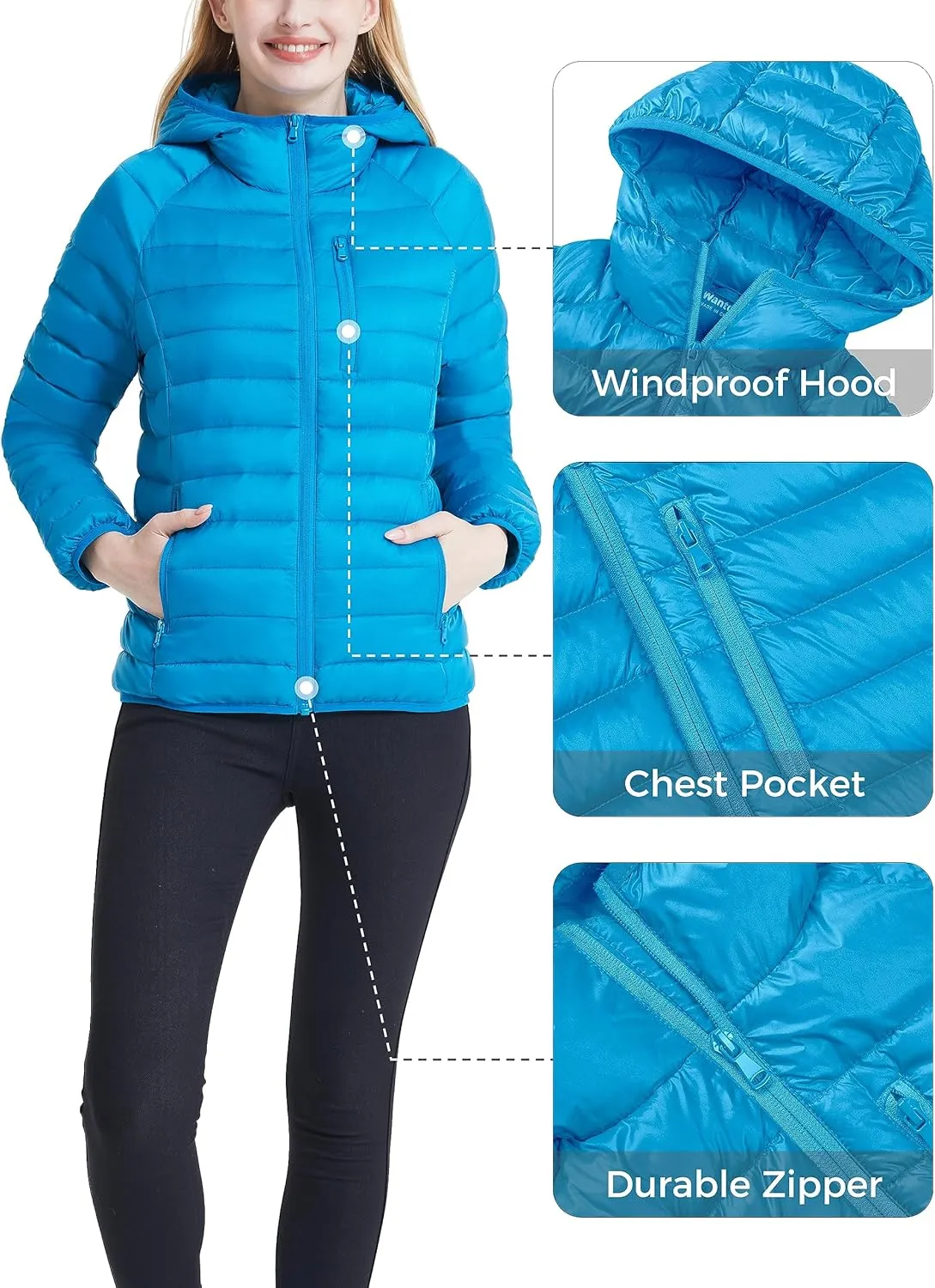 Wantdo Women's Packable Down Jacket Lightweight Puffer Jacket Hooded Winter Coat