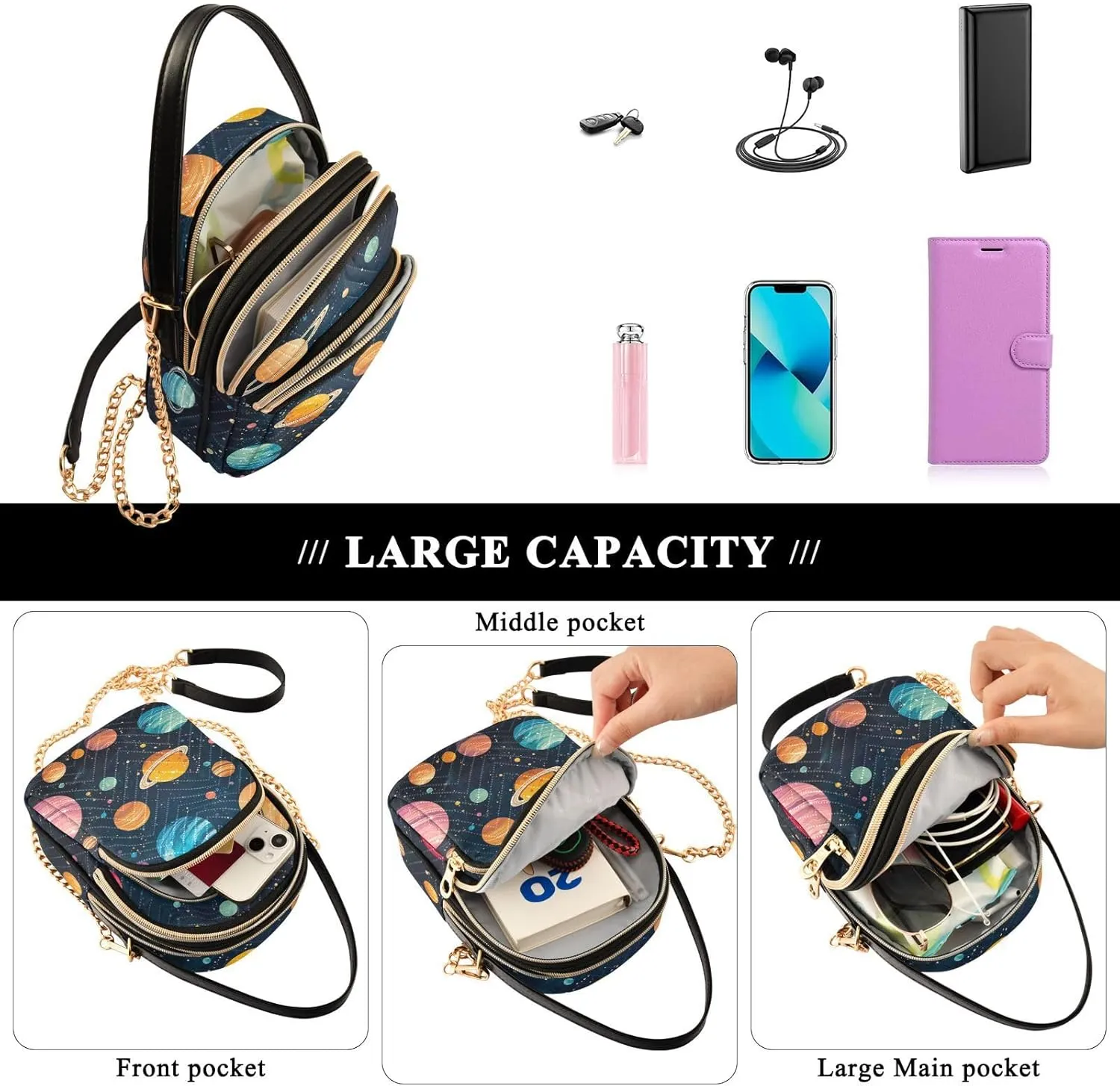 Watercolor Floral Border Women Crossbody Handbag, Crossbody Handbag with Chain Strap, Crossbody for Women Trendy