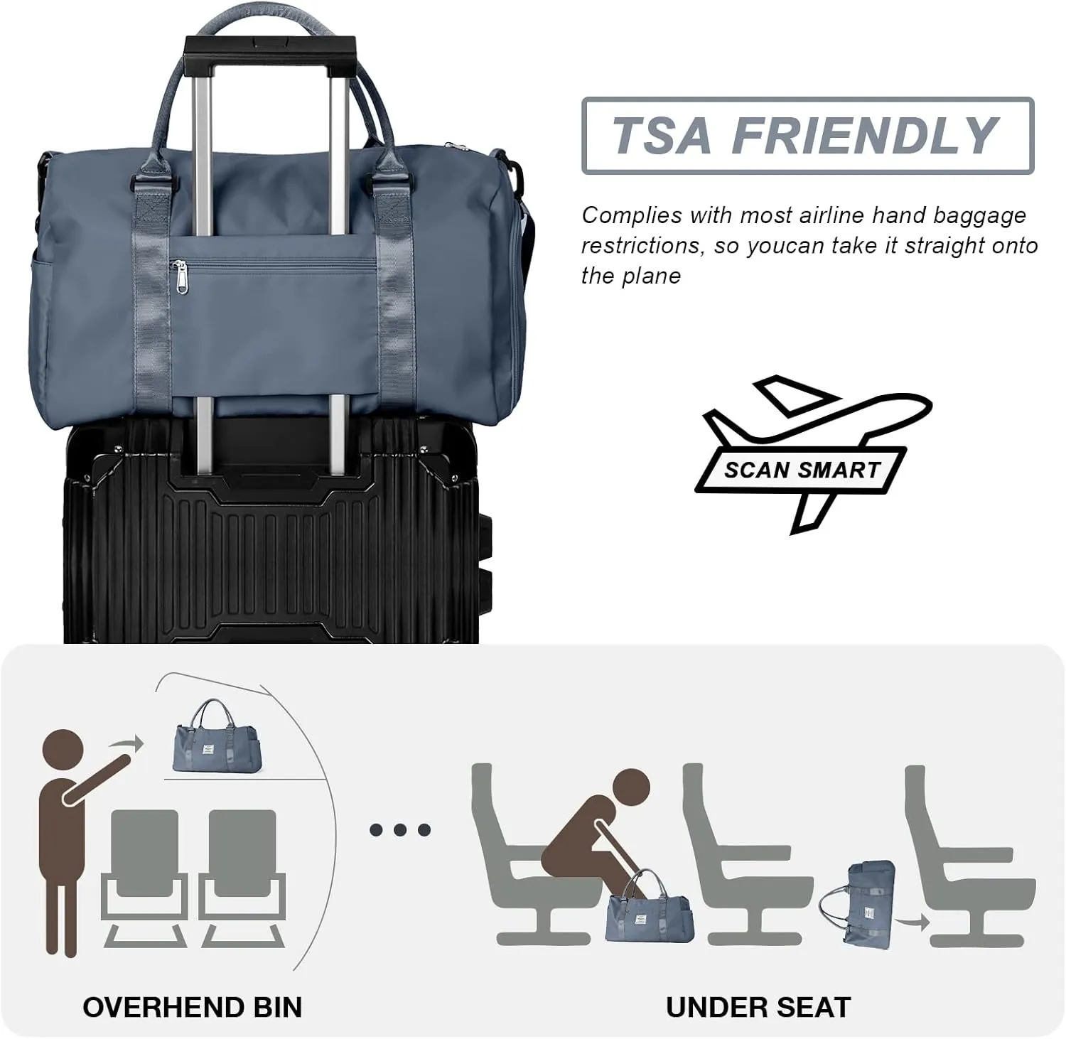 Weekender Duffel Bags for Women, Travel Totes Bag for Airplane, Cute Sports Gym Dance Overnight Luggage Bag with Wet Pocket Shoe Compartment, Carry On Hospital Bag for Labor and Delivery Haze blue