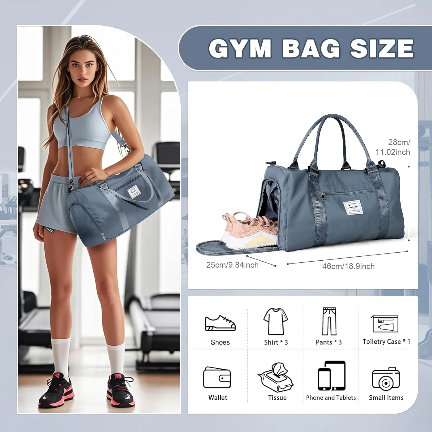 Weekender Duffel Bags for Women, Travel Totes Bag for Airplane, Cute Sports Gym Dance Overnight Luggage Bag with Wet Pocket Shoe Compartment, Carry On Hospital Bag for Labor and Delivery Haze blue