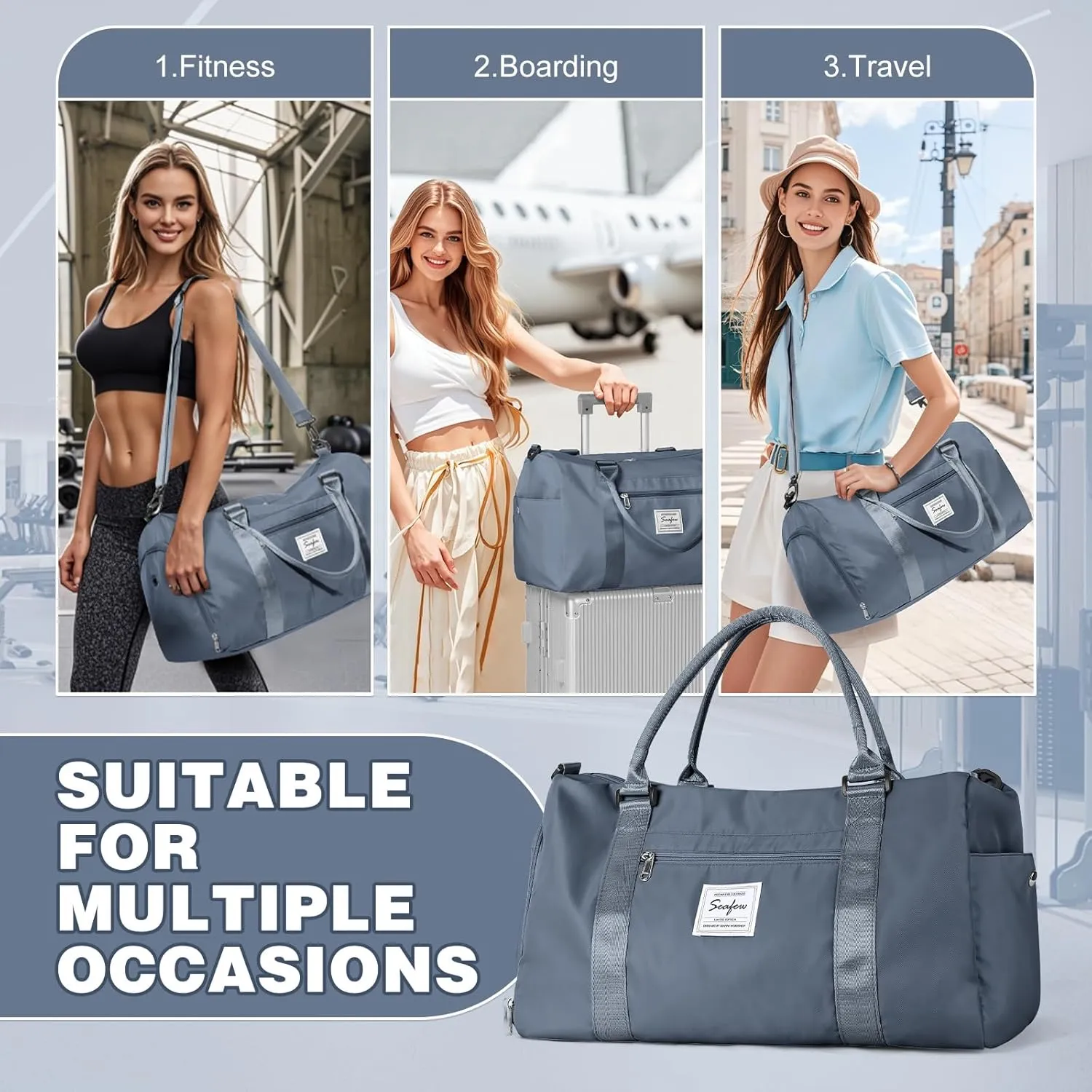 Weekender Duffel Bags for Women, Travel Totes Bag for Airplane, Cute Sports Gym Dance Overnight Luggage Bag with Wet Pocket Shoe Compartment, Carry On Hospital Bag for Labor and Delivery Haze blue
