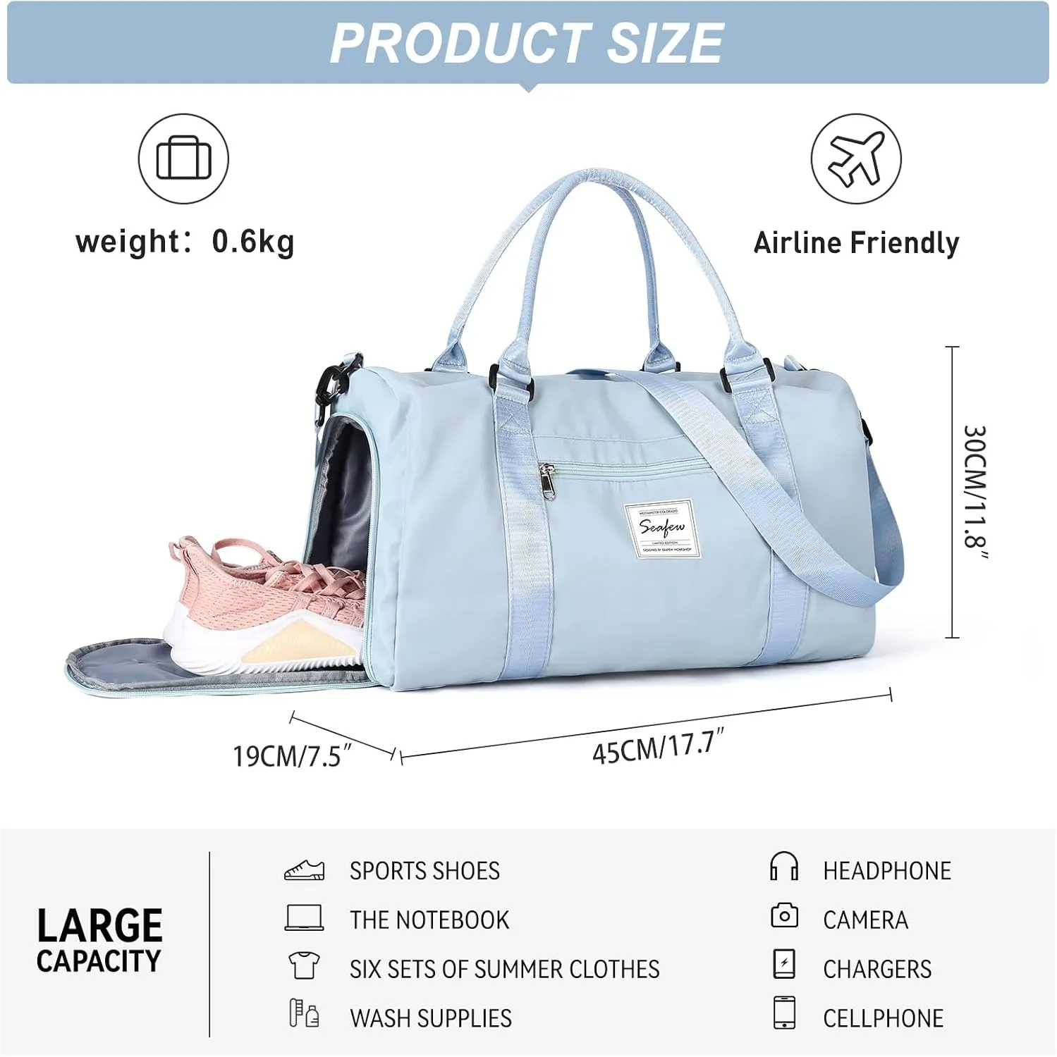 Weekender Gym Duffel Bags for Women Blue with Toiletry Bag