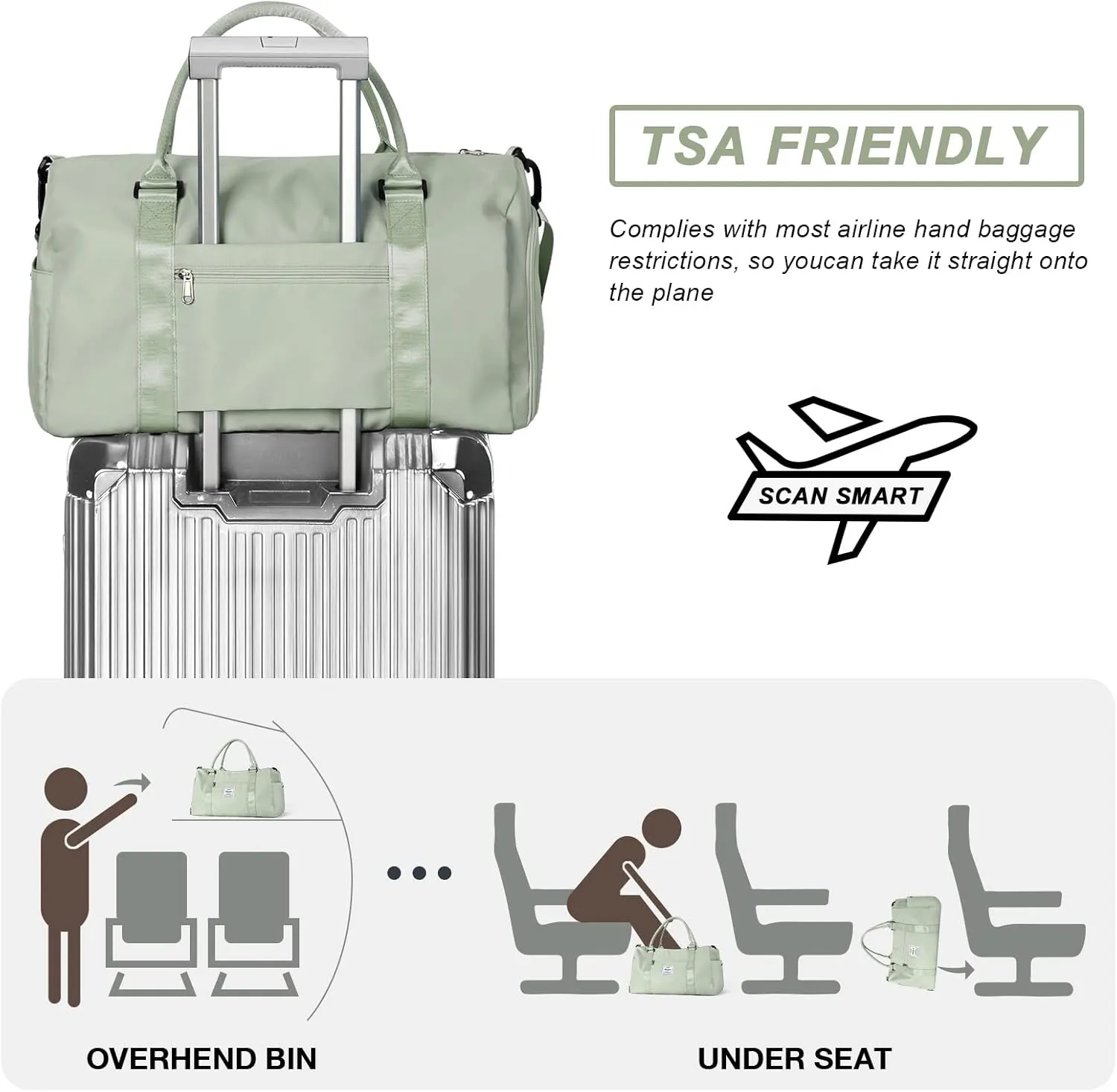 Weekender Gym Duffel Bags for Women Light Green with Toiletry Bag
