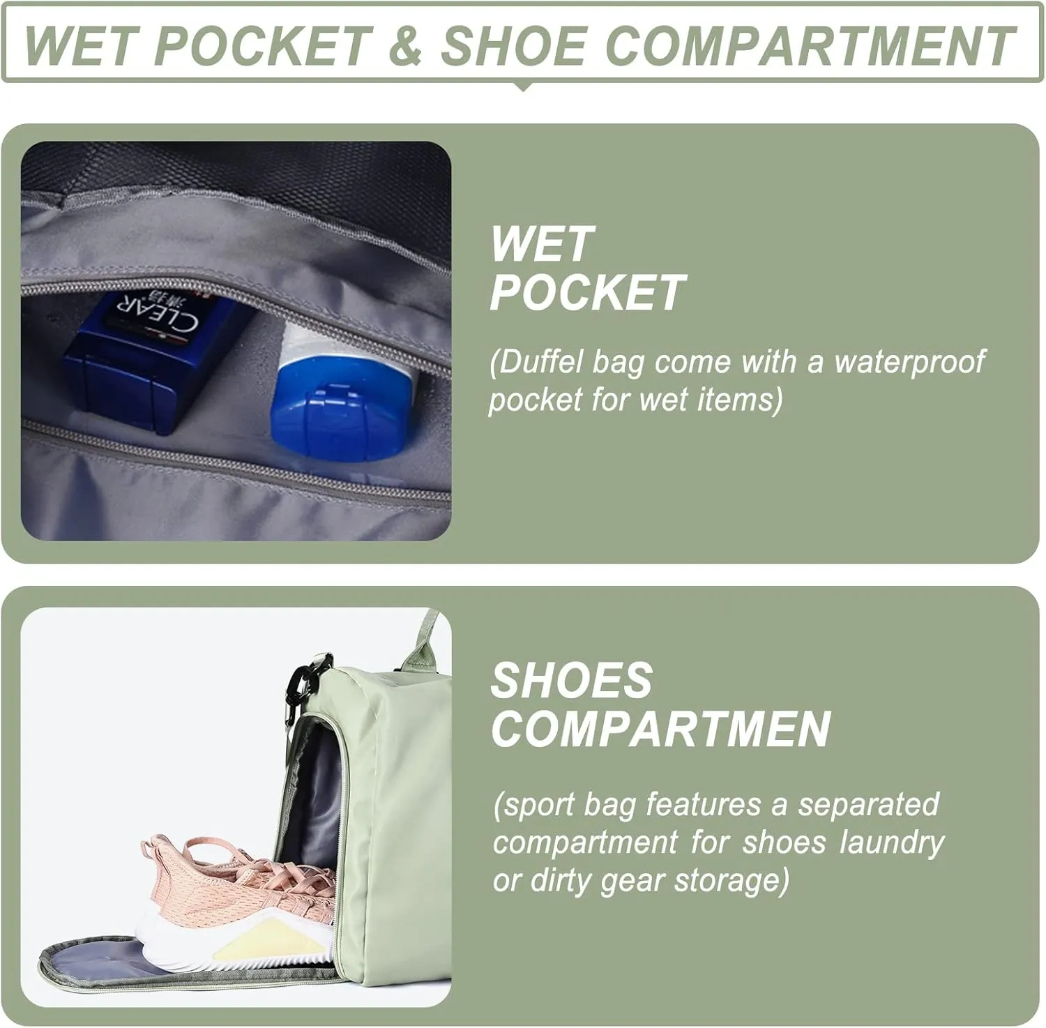 Weekender Gym Duffel Bags for Women Light Green with Toiletry Bag
