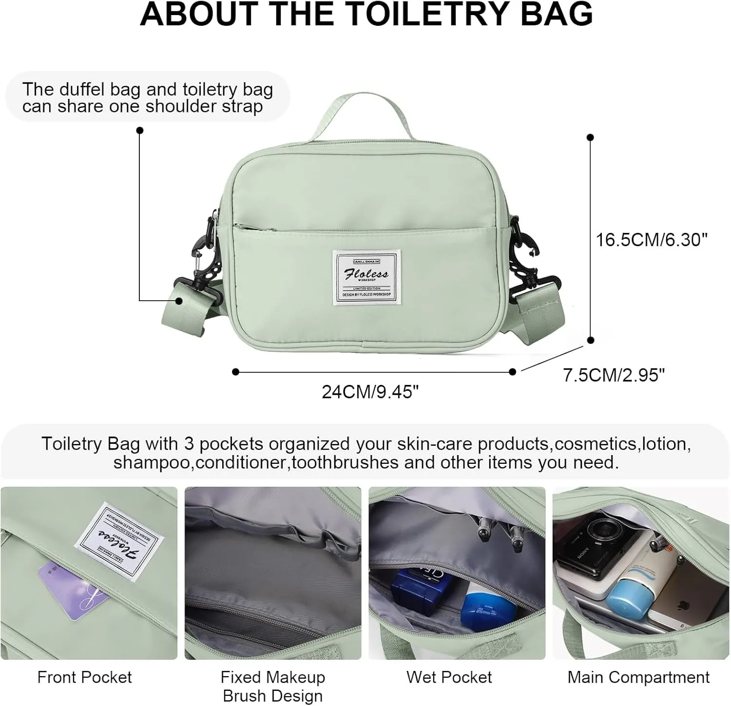 Weekender Gym Duffel Bags for Women Light Green with Toiletry Bag