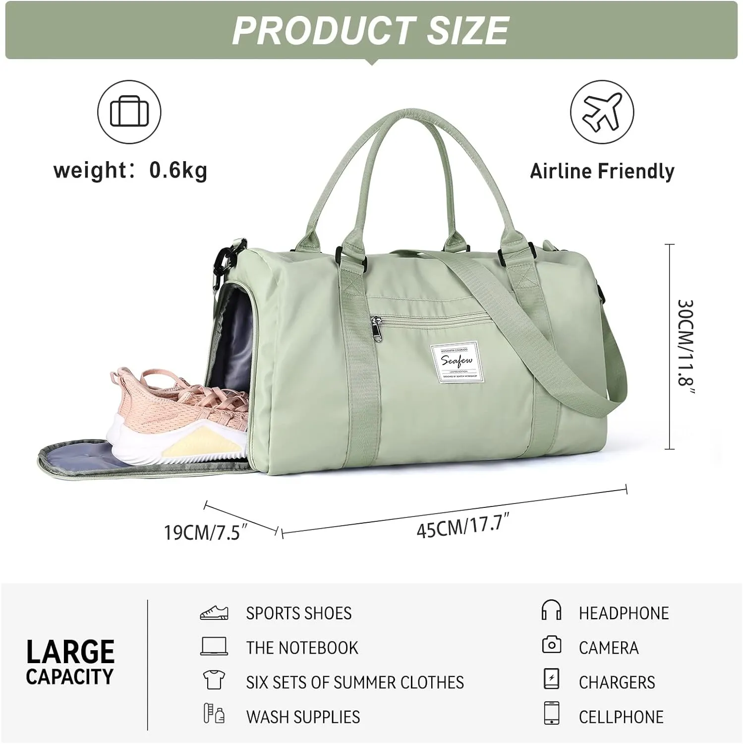 Weekender Gym Duffel Bags for Women Light Green with Toiletry Bag